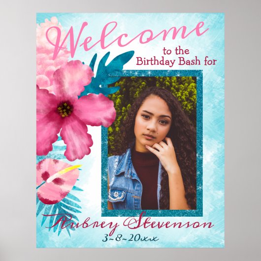 トロピカルアクアピンク誕生日ウェルカムポスター ポスター (正面)