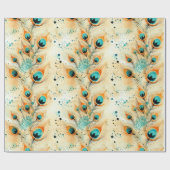 トロピカルアクアピーチオレンジピーコックフェザー ラッピングペーパー (フラット)