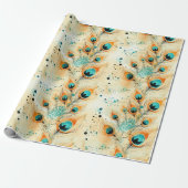 トロピカルアクアピーチオレンジピーコックフェザー ラッピングペーパー (アンロールド)