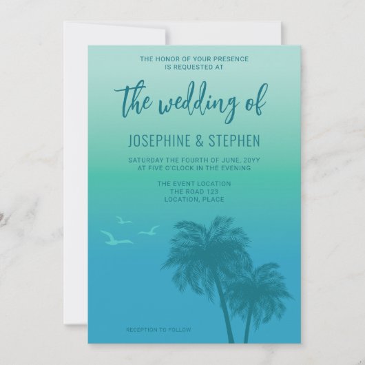 トロピカルアクアブルーとティール（緑がかった色）ヤシ結婚の木 招待状 (正面)