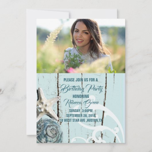 トロピカルアクアブルーシーシェルビーチ誕生日パーティー 招待状 (正面)