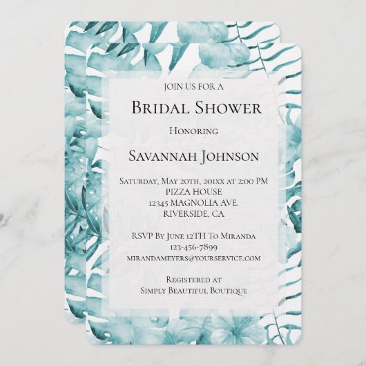 トロピカルアクアブルー離れフローラブライダルシャワー 招待状 (正面/裏面)