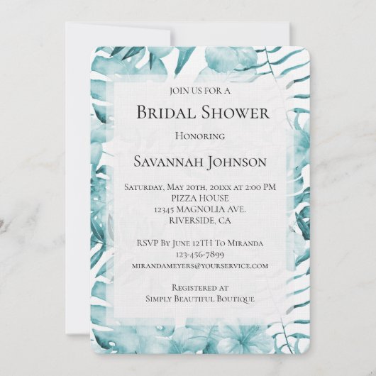 トロピカルアクアブルー離れフローラブライダルシャワー 招待状 (正面)