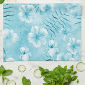 トロピカルアクアホワイトオーランズハイビスカスフローラ キッチンタオル (折り畳み)