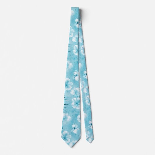 トロピカルアクアホワイトオーランズハイビスカスフローラ ネクタイ (正面)