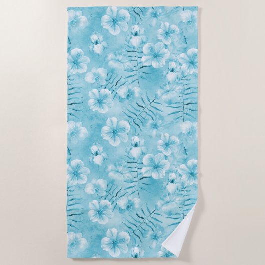 トロピカルアクアホワイトオーランズハイビスカスフローラ ビーチタオル (正面)