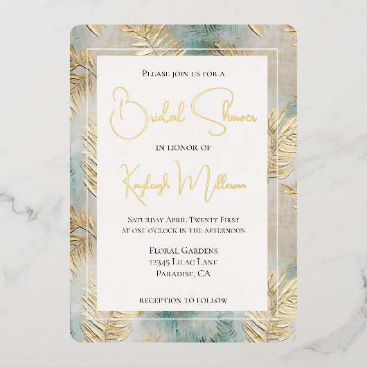 トロピカルアクア離れ金ゴールドブライダルシャワー 箔招待状 (正面)
