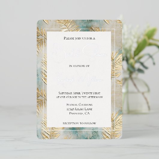 トロピカルアクア離れ金ゴールドブライダルシャワー 箔招待状 (立ち正面)
