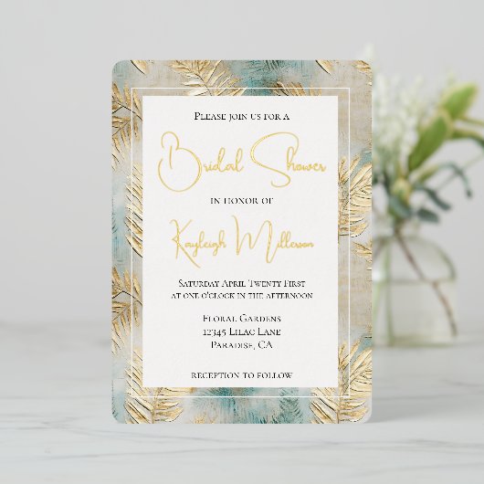 トロピカルアクア離れ金ゴールドブライダルシャワー 箔招待状 (立ち正面)