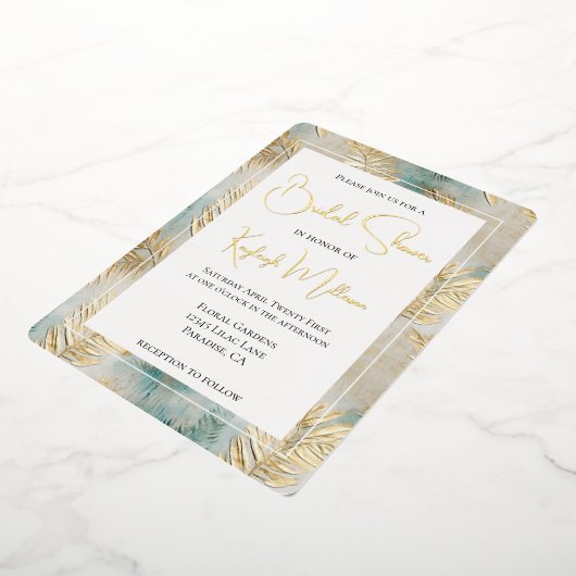 トロピカルアクア離れ金ゴールドブライダルシャワー 箔招待状 (回転した状態)