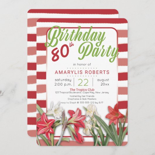 トロピカルアマリストライプのリス80th誕生日パーティー 招待状 (正面/裏面)