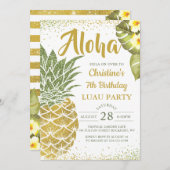 トロピカルアロハグリーン金ゴールドパイナップル誕生日 招待状 (正面/裏面)