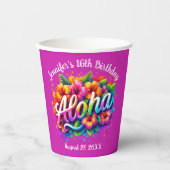 トロピカルアロハハワイアン誕生日ルアウ(ハワイ式宴会)パープル 紙コップ (正面)