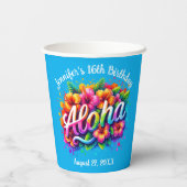 トロピカルアロハハワイアン誕生日ルアウ（ハワイ式宴会）ブルー 紙コップ (裏面)