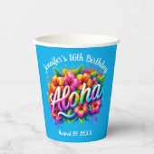 トロピカルアロハハワイアン誕生日ルアウ（ハワイ式宴会）ブルー 紙コップ (正面)