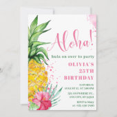 トロピカルアロハパイナップルフローラルアウ（ハワイ式宴会）誕生日 招待状 (正面)
