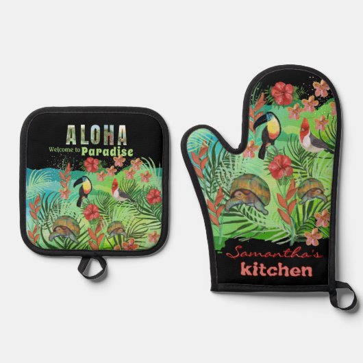 トロピカルアロハパラダイスオーブンミットとポットホルダー 鍋つかみ&鍋敷きセット (正面)