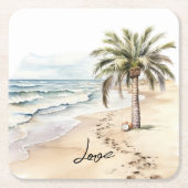 トロピカルアロハビーチココナッツパームツリー スクエアペーパーコースター (正面)