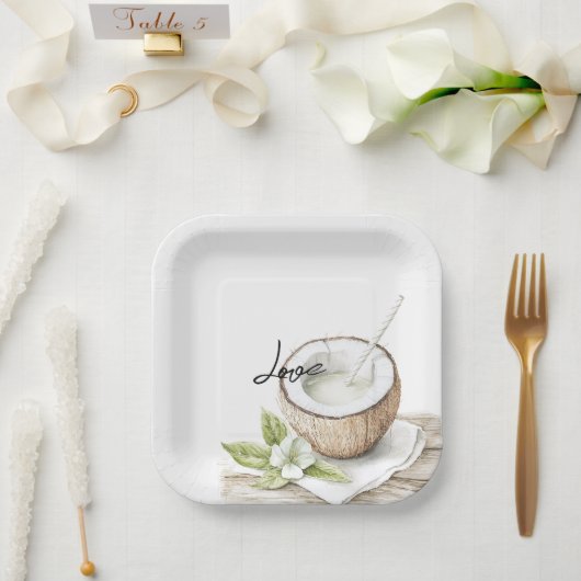 トロピカルアロハビーチココナッツ結婚フローラ ペーパープレート (ウェディング)