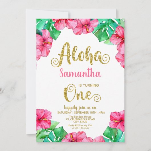 トロピカルアロハピンクハイビスカス1st誕生日 招待状 (正面)