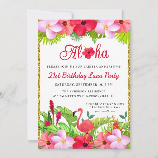 トロピカルアロハルアウ（ハワイ式宴会）誕生日ルアウ（ハワイ式宴会）招待状 招待状 (正面)