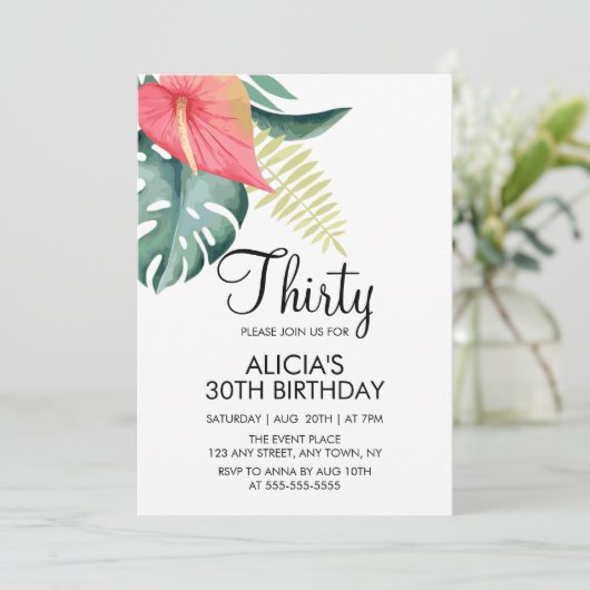 トロピカルアンスリウム&モンステラ水カラー誕生日 招待状 (スタンド正面)