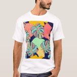 トロピカルアート数々の：カラーモンステラデザイン Tシャツ<br><div class="desc">トロピカルなアートワークのパターンデザイン数々のと、トロピカルなアートワークの中に、色のモンステラ葉おもしろいとモザイクの背景のモンステラの色のモンステラの葉モザイクを含む。青でモンステラ葉フローラと熱帯モザイク.パターン，花，, ヴィンテージ, カラフル, イラストレーション，葉，背景，抽象芸術，テクスチャ，装飾，水色，ビーチ，夏，ファッション, 自然, 春，葉，庭，線</div>