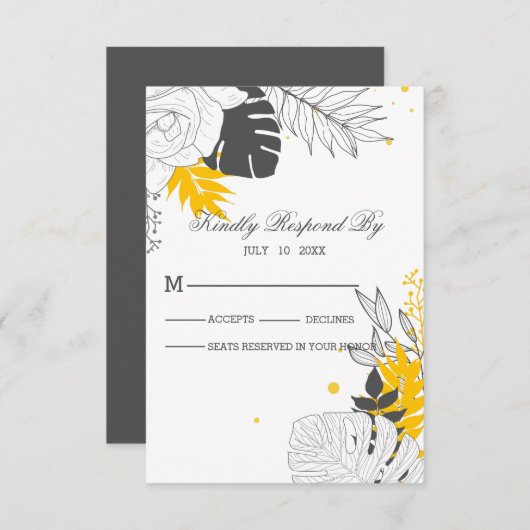 トロピカルイエローとホワイト葉のRSVPカード 出欠カード (正面/裏面)