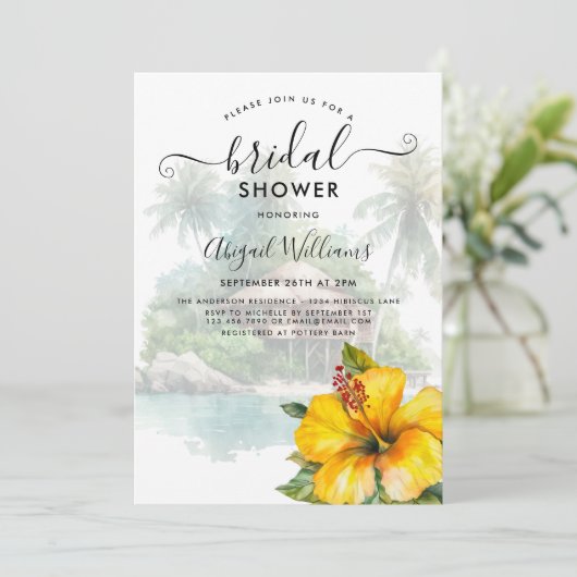 トロピカルイエローハイビスカスフラワーブライダルシャワー 招待状 (スタンド正面)