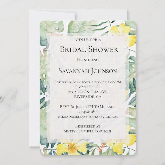 トロピカルイエローハイビスカスフローラブライダルシャワー 招待状 (正面)