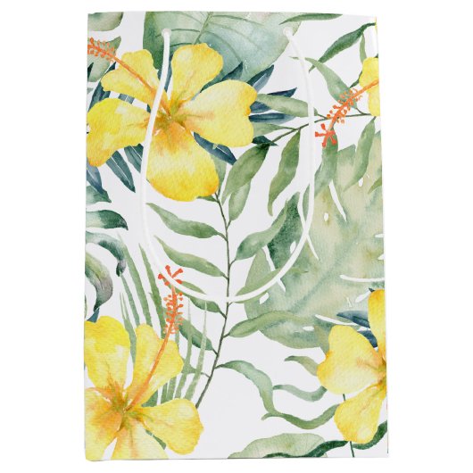 トロピカルイエローヒビスカスフラワーブライダルシャワー ミディアムペーパーバッグ (正面)