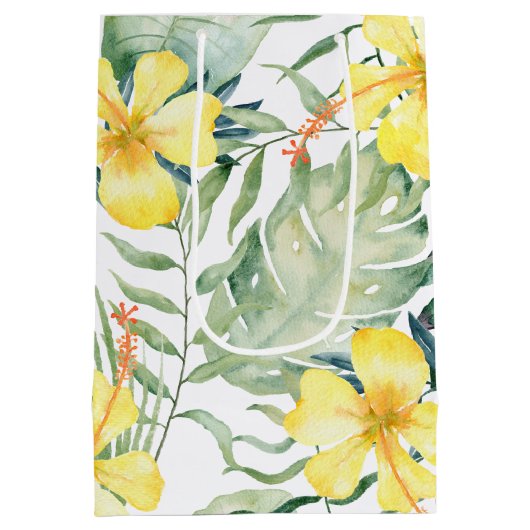 トロピカルイエローヒビスカス フラワーブライダルシャワー ミディアムペーパーバッグ (裏面)