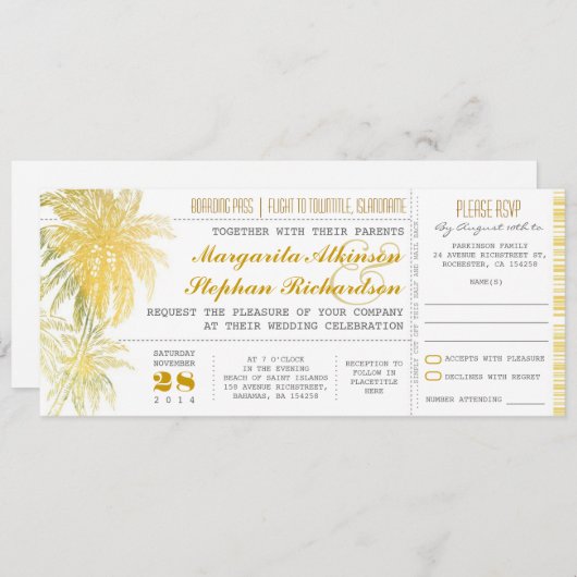 トロピカルイエロービーチ結婚式チケット搭乗券 招待状 (正面/裏面)