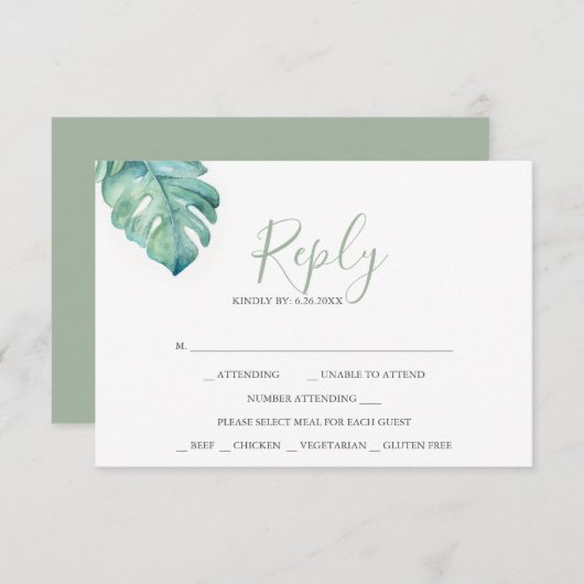 トロピカルウェディングRSVPカード水彩緑 出欠カード (正面/裏面)