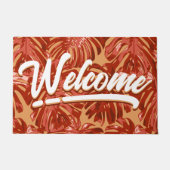 トロピカルウェルカムオレンジモンステラ葉ビーチ ドアマット (正面)