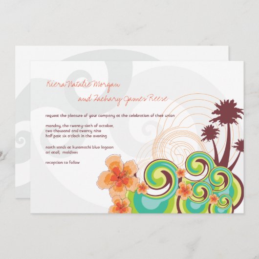 トロピカルウェーブオレンジハイビスカスデスティネーションウェディング 招待状 (正面/裏面)