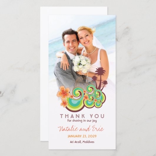 トロピカルウェーブオレンジハイビスカスビーチ結婚式写真 サンキューカード (正面/裏面)