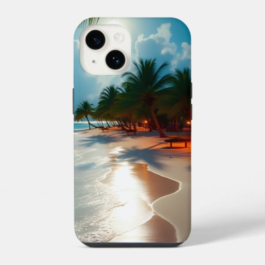 トロピカルウェーブスブルー曇り空ビーチ iPhoneケース (裏面)