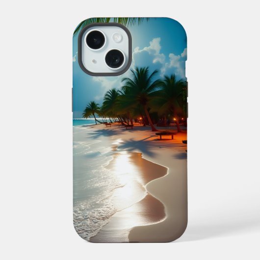 トロピカルウェーブスブルー曇り空ビーチ iPhone 15ケース (裏面)