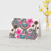 トロピカルウェーブホットピンクハイビスカスビーチヤシ カード (黄色い花)