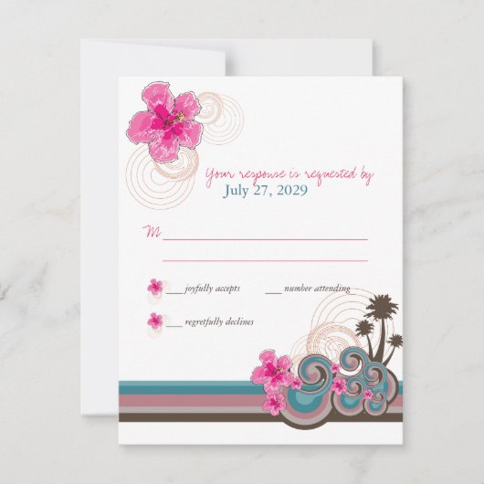 トロピカルウェーブ ピンクハイビスカス デスティネーション ウェディング 出欠カード (正面)