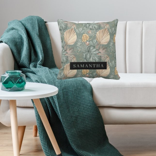 トロピカルウォーターのカラー金ゴールドとグリーン葉のパターン アウトドアクッション (クリエイターアップロード済み)