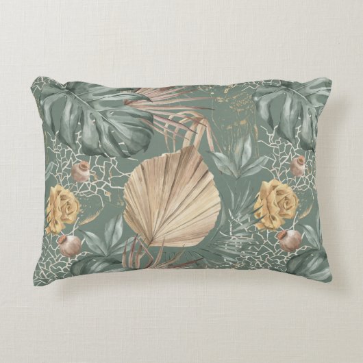 トロピカルウォーターのカラー金ゴールドとグリーン葉のパターン アクセントクッション (正面)