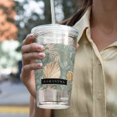 トロピカルウォーターのカラー金ゴールドとグリーン葉のパターン アクリルタンブラー