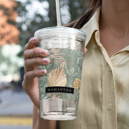 トロピカルウォーターのカラー金ゴールドとグリーン葉のパターン アクリルタンブラー