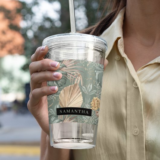 トロピカルウォーターのカラー金ゴールドとグリーン葉のパターン アクリルタンブラー