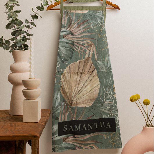 トロピカルウォーターのカラー金ゴールドとグリーン葉のパターン エプロン