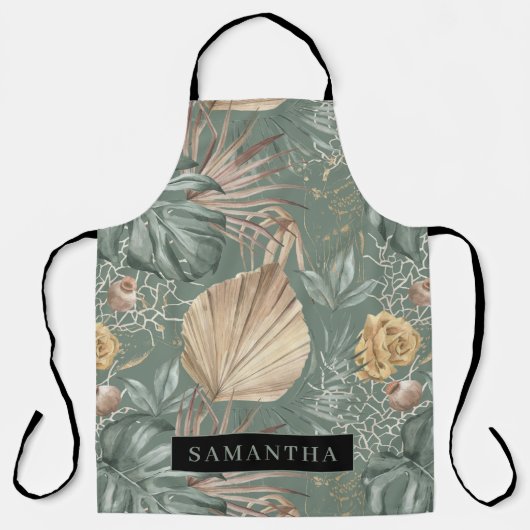 トロピカルウォーターのカラー金ゴールドとグリーン葉のパターン エプロン (正面)