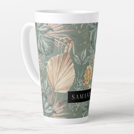 トロピカルウォーターのカラー金ゴールドとグリーン葉のパターン カフェラテマグ (左アングル)