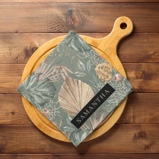 トロピカルウォーターのカラー金ゴールドとグリーン葉のパターン キッチンタオル